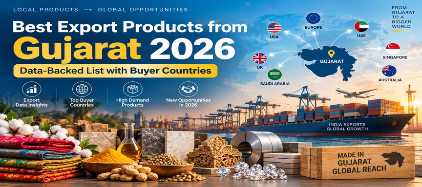Best export products from Gujarat 2026 including chemicals, pharmaceuticals, diamonds, ceramic tiles and textiles with major buyer countries