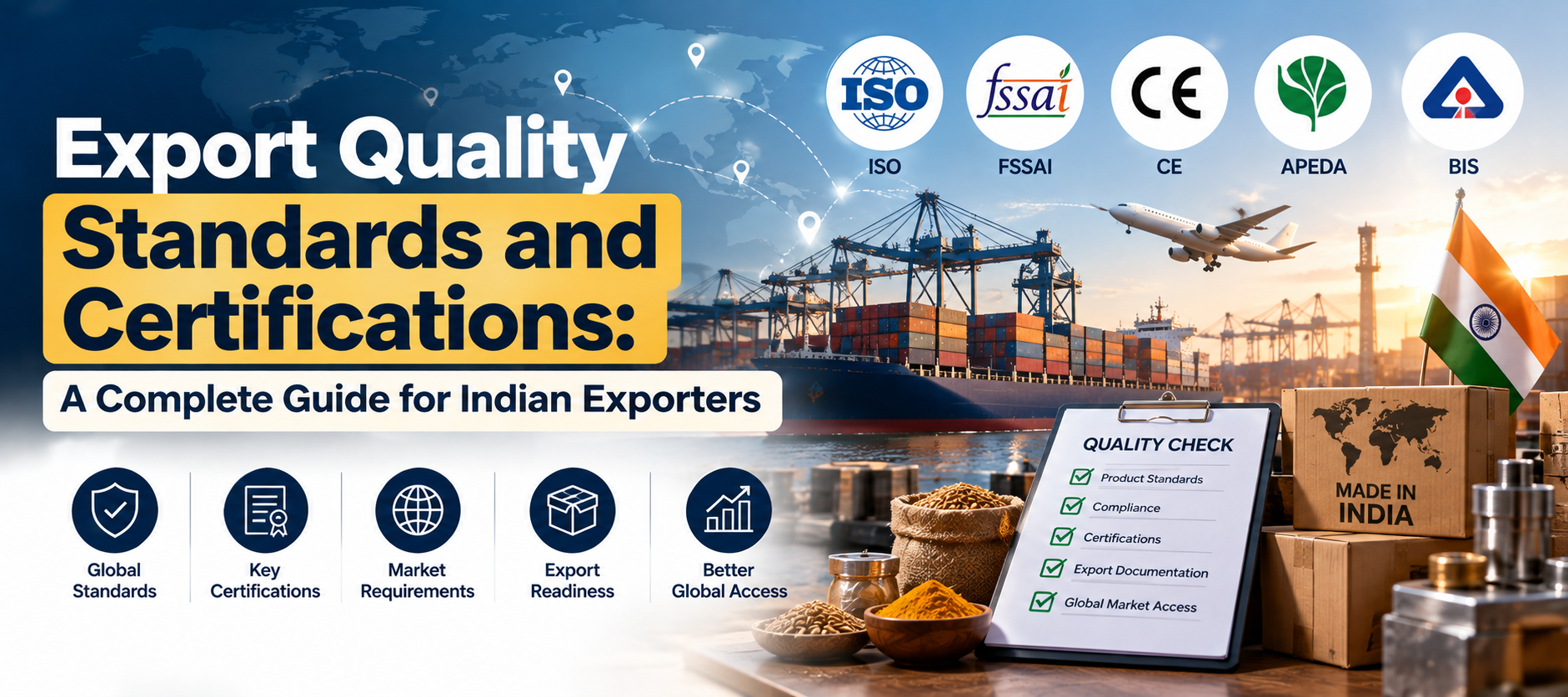 Export quality standards and certifications for Indian exporters including ISO 9001, BIS, CE marking, HACCP and FSSAI with quality control checklist
